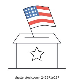 Vector illustration of elections in the USA. Hand with the flag of America and voting, election ballots. Ballot box with a star. Stock illustration on a white background