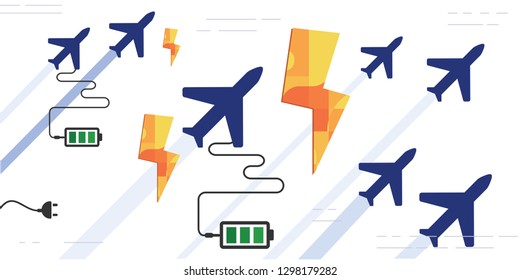 Vector Illustration Of Electric Aircraft And Charging Planes 