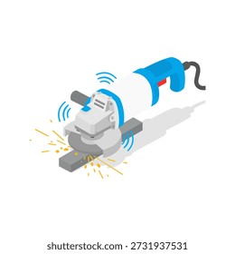 Vector illustration of an electric angle grinder cutting a metal bar. Modern power tool with rotating disc, sparks, and motion lines, isolated on white background.