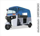 Vector illustration of electric Auto rickshaw, Three wheeler Vector illustration, Indian Auto Rickshaw illustration, vector illustration, auto rickshaw vector drawing, tuk tuk drawing, white blue
