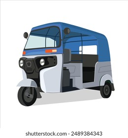 Vektorillustration von Elektro-Auto-Rikscha, Dreirad-Vektorillustration, indische Auto-Rikscha-Illustration, Vektorillustration, Auto-Rikscha-Vektorgrafik-Zeichnung, Tuk Tuk-Zeichnung, Weiß Blau
