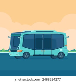 Vector Illustration of Electric Autonomous Bus. Driverless electric future transport. Futuristic Autonomous Driverless Mini Bus. Autonomous Vehicle Self Driving Machine.