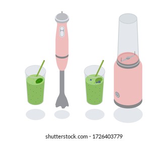 Vector illustration with an electric blender and a glass of smoothie on a white background. Drink for a healthy meal. Isolated smoothie and blender.