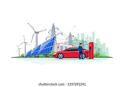 Vector Illustration Of Electric Car Charging At Charger Station With Solar Panels, Wind Turbines, Battery Storage, High Voltage Power Grid And City Skyline. Sustainable Renewable Energy Grid System. 