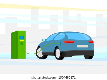 Vector illustration. Electric car charging at charge station. City building in the Background