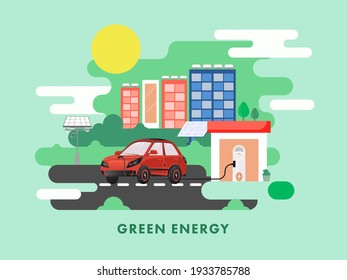 Vector Illustration Of Electric Car Charging At Station With Solar Panels, Buildings And Sun On Green Background For Renewable Energy Or E-Mobility.