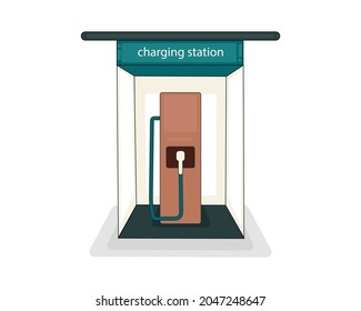 Ilustración vectorial de la estación de carga de coches eléctricos en silueta sobre fondo blanco.