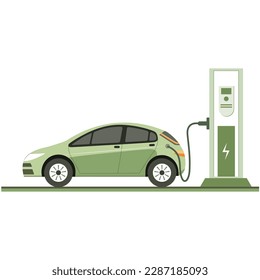 Vector illustration of an electric car charging from EV station. Alternative energy sources sustainable living environment concept. Design element for apps websites banners