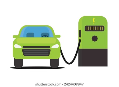 A vector illustration of an electric car charging its battery at a charging station