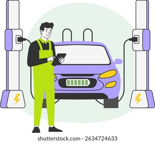 Vector illustration of an electric car charging at a station with trees in the background, representing clean and sustainable mobility.