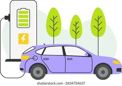 Vector illustration of an electric car charging at a station with trees in the background, representing clean and sustainable mobility.