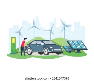 Vector illustration Electric car concept. Man charging electric car at the charger station in front of Wind turbine and Solar panel. Green vehicle, Ecologically clean transport. Vector in flat style