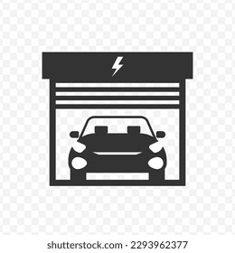 Vector illustration of electric car garage icon in dark color and transparent background(png).