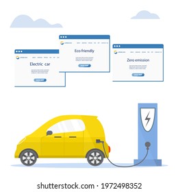 Vector illustration Electric car. Green energy. New transport eco technologies. ECO friendly. Ecology. Environmental Protection. Zero emission. Easy maintenance. Design for web, landing page, print