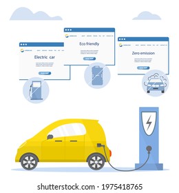 Vector illustration Electric car. Green energy. New transport eco technologies. ECO friendly. Ecology. Environmental Protection. Zero emission. Easy maintenance. Design for web, landing page, print