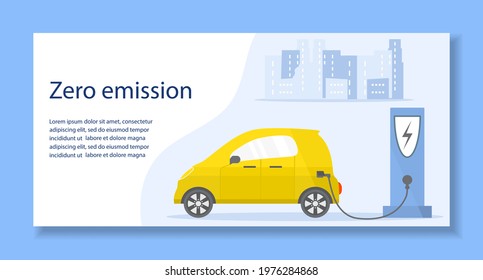 Vector illustration Electric car. Green energy. New transport eco technologies. ECO friendly. Ecology. Environmental Protection. Zero emission. Easy maintenance. Design for web, landing page, print