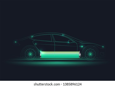 Vector illustration of the electric car lined silhouette with battery at the bottom. Electro mobility e-motion concept. Green power car. Eco technology vehicle. 