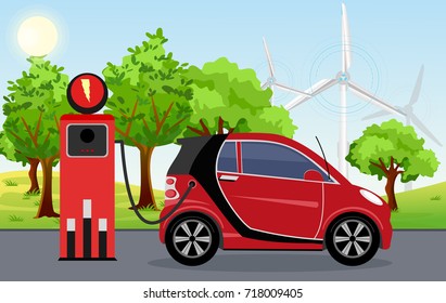 Vector illustration of electric car red color on charging station with windmills, green tree, sun, blue sky background. Vector Electric car infographic concept. Electromobility e-motion concept.