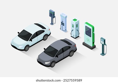 Ilustração vetorial Os carros elétricos estão esperando para carregar a bateria