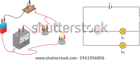 Vector illustration of an electric circuit diagram, isolated on white background. Electric circuit made of a battery, a switch, a lamp and an ammeter in series and a parallel lamp.
