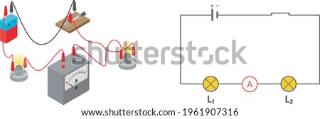 Vector illustration of an electric circuit diagram, isolated on white background. Electric circuit made of a battery, a switch, a lamp, an ammeter and another lamp.