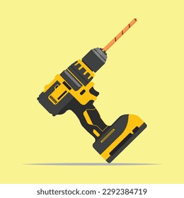 Vector illustration of electric drill. Power tools for technician or carpentry. Exterior and interior hand tool icon on pastel background
