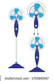 Vector illustration of electric fans in different types : standing, wall-mounted, and table top.