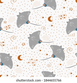 Vector illustration of an electric fish Stingray on a white background with the moon and stars.