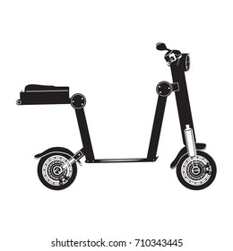 Vector illustration of electric folding scooter. Motorized scooter e-bike isolated on white background. City modern transport black and white flat style design.