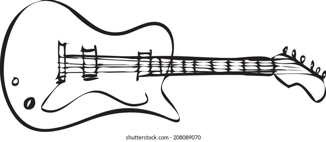 Vector illustration of electric guitar in black and white doodle sketch
