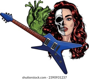 vector illustration of electric guitar with humna heart and woman face