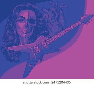 vector illustration of electric guitar with humna heart and woman face
