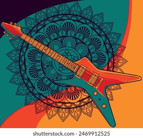 vector illustration of Electric guitar with mandala on background