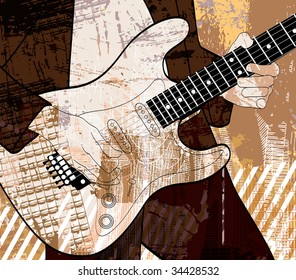 Vector illustration of an electric guitar player on grunge background