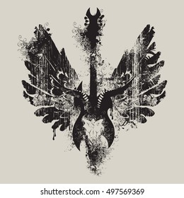 vector illustration with an electric guitar and skull of goat and wings with splashes and curls