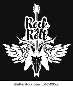 vector illustration with an electric guitar and skull of goat and wings with inscription rock and roll