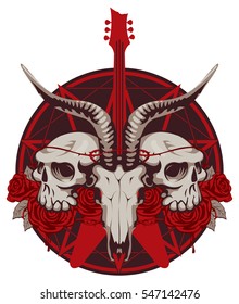 vector illustration with an electric guitar and skull of goat and human with roses