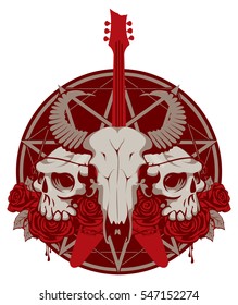 vector illustration with an electric guitar and skull of goat and human with roses