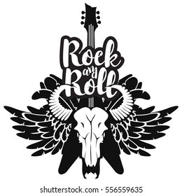 vector illustration with an electric guitar and skull of bull and wings with inscription rock and roll