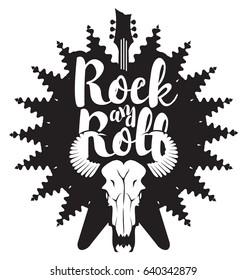 vector illustration with an electric guitar and skull of bull with inscription rock and roll