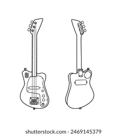 Vector illustration of electric guitar, guitar with three strings. Stringed musical instrument. Vector outline line art, front, and back view. Isolated on a white background