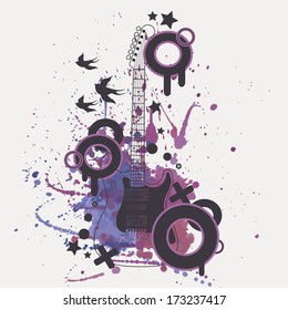 Vector illustration of electric guitar with watercolor splash, birds, circles and stars