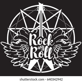 vector illustration with an electric guitar and wings on the background of satan star with inscription rock and roll