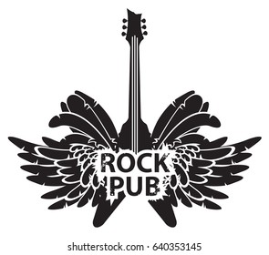 vector illustration with an electric guitar, wings and feathers with words rock pub