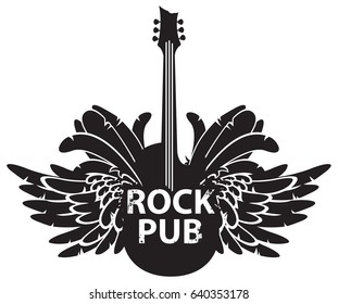 vector illustration with an electric guitar, wings and feathers with words rock pub