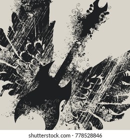 Vector illustration with an electric guitar and wings with splashes and curls in grunge style