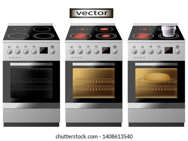 Vektorgrafik von Elektro-, Induktionskocher ein-, Aus- und Kochen im Ofen und auf der Oberfläche von drei Optionen
