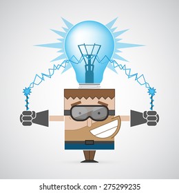 Vector illustration. Electric man and light blue bulb. Concept got an idea. Colorful, creative and modern character for advertising, poster, banner, web and flyer.