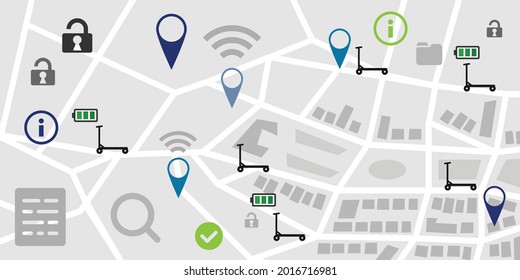 ilustración vectorial de la ubicación del mapa de los vehículos de movilidad eléctrica y carga izquierda