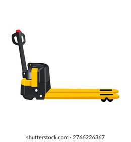 Vector illustration of electric pallet jack with handle and forks, industrial equipment for warehouse and logistics, perfect for design and technical backgrounds.